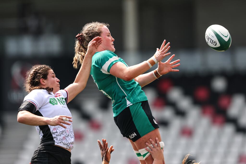 Fiona Tuite competes for a lineout against Canada in last week's warm-up game in Belfast before heading to England for the World Cup. Photograph: Ben Brady/Inpho