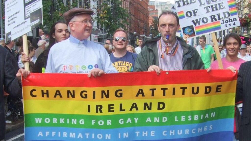 Mervyn Kingston (left) at the 2010 Belfast Pride Parade with his partner, Richard O’Leary.