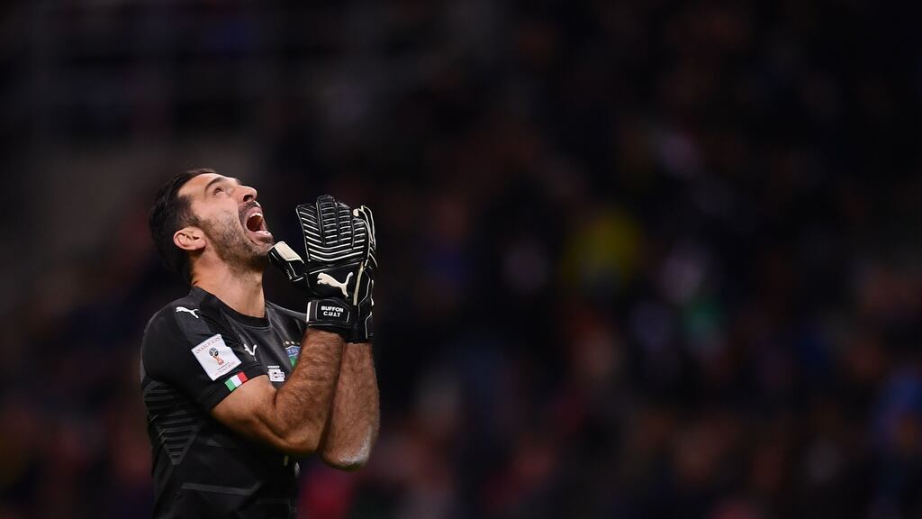 Italy’s goalkeeper Gianluigi Buffon reacts during their 2018 World Cup playoff second leg with Sweden. Photo: Marco Bertorello/Getty Images