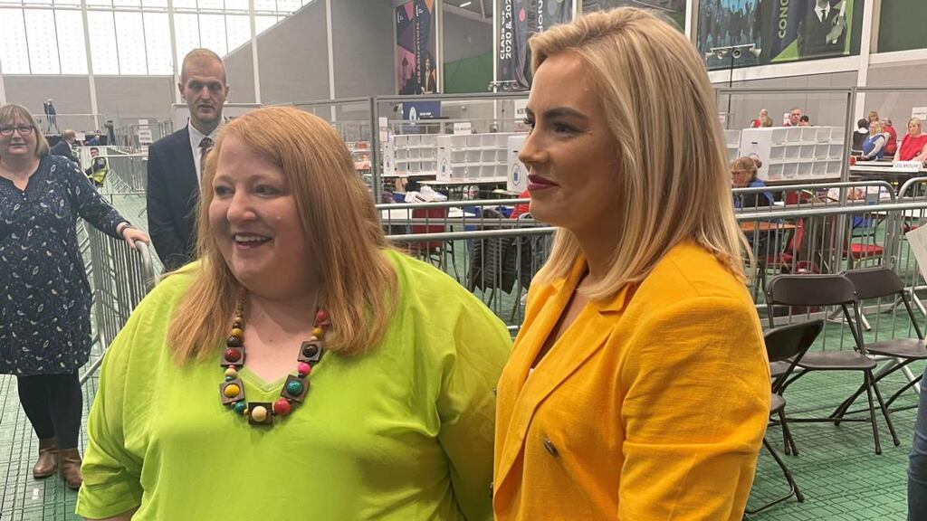 Alliance Party leader Naomi Long (left) with the party’s new MLA for North Antrim Patricia O’Lynn Photograph: Jonathan McCambridge/PA