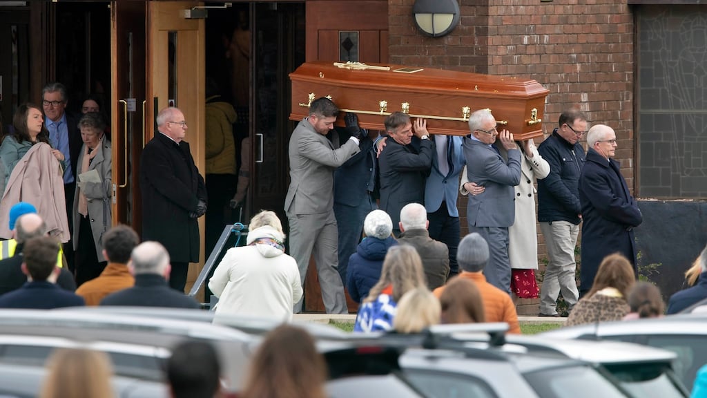The remains of Jackie McGovern, are carried from the church after her funeral Mass, on Wednesday morning at Our Lady of Good Counsel Church, Killiney, Co Dublin. Photograph: Colin Keegan, Collins Dublin