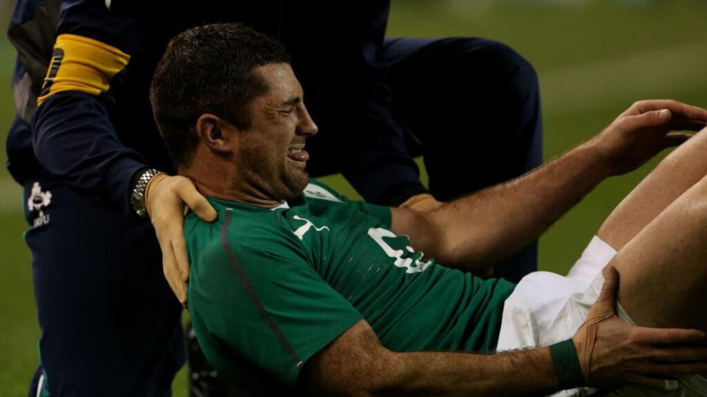 Ireland’s Rob Kearney before leaving the field with a rib cartilage injury late on in the Guinness Series match against Australia at the Aviva Stadium in Dublin. The fullback is unlikely to be fit to face the All Blacks on Sunday. Photograph: Brian Lawless/PA Wire