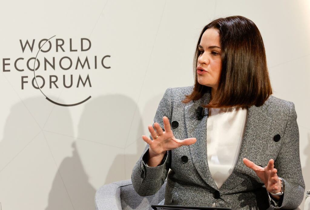 Sviatlana Tsikhanouskaya, opposition leader of Belarus, at the World Economic Forum in Davos, Switzerland. She said: "The fact that our troops have not been sent to Ukraine is not because Lukashenko doesn’t want to participate. He knows Belarusians don’t see Ukrainians as enemies." Photograph: Stefan Wermuth/Bloomberg