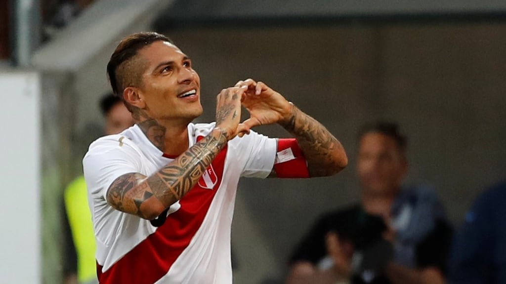 Paulo Guerrero celebrates one of his two goals against Saudi Arabia. Photograph: Stefan Wermuth/Reuters