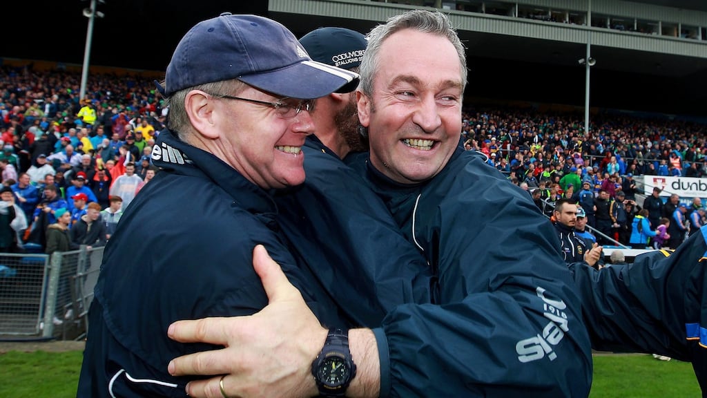 Tipperary manager Michael Ryan celebrates at the final whistle in Thurles. Photograph: Lorraine O’Sullivan/Inpho