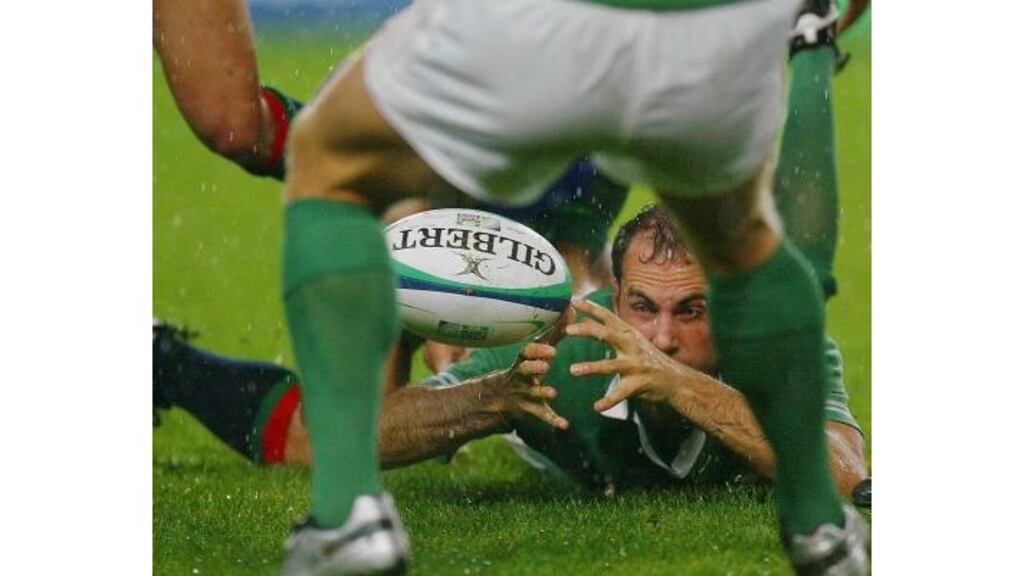 Ireland full back Girvan Dempsey struggles to gain possession against Namibia during last summer?s World Cup pool game at Aussie Stadium, Sydney. ? (Photograph: Adam Pretty/Getty Images)