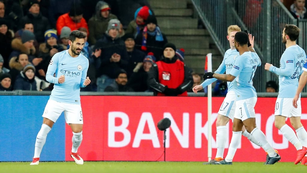 Ilkay Gundogan celebrates opening the scoring for Manchester City. Photograph: Denis Balibouse/Reuters