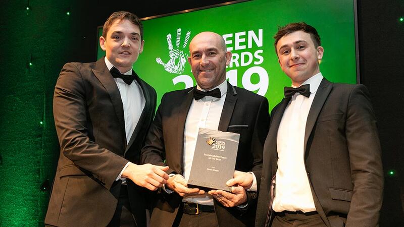 Peter Byrne, Quality & Environmental Manager, Roadbridge presents the Sustainability Team of the Year award to Johnathan Reddin & Jack Fahey, Dawn Meats.