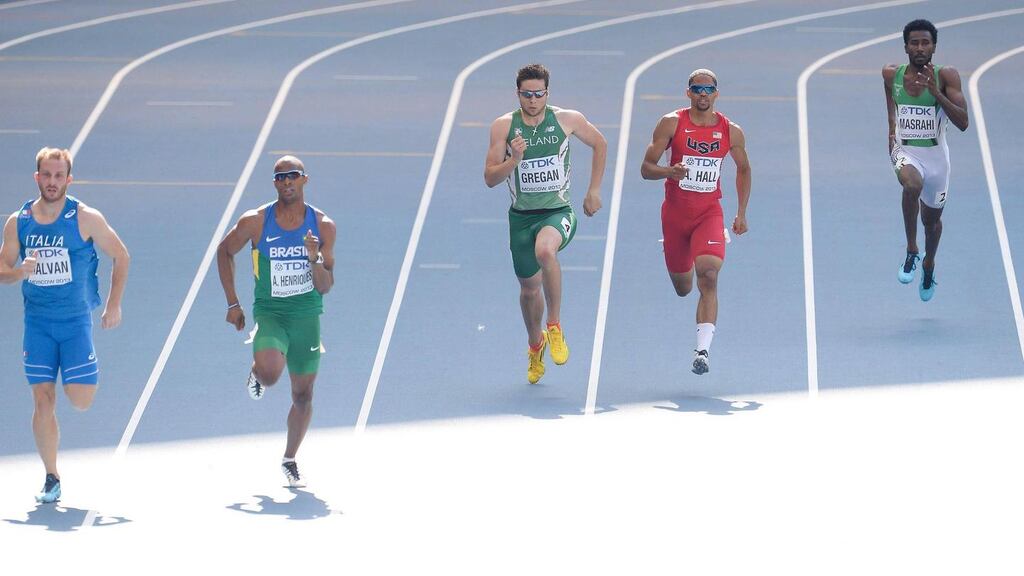 Ireland’s Brian Gregan in action during his heat of the men’s 400m event at the IAAF World Athletics Championships, where he finished in sixth place with a time of 46.04, and qualified for the semi-final. Also pictured are, from left, Hamdinou Cheikh El Wely, Mauritania, Anderson Henriques, Brazil, Arman Hall, USA, and Yousef Ahmed Masrahi, Saudi Arabia. Photograph: Stephen McCarthy/ Sportsfile