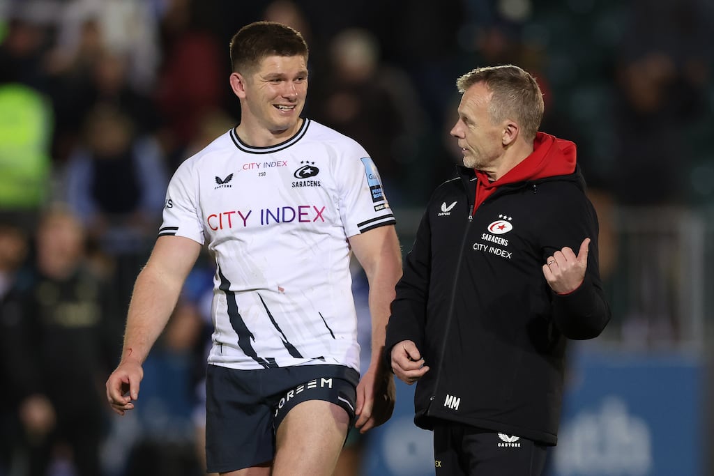 Mark McCall, the Saracens director of rugby alongside Owen Farrell following the Gallagher Premiership Rugby match between Bath Rugby and Saracens at The Recreation Ground in Bath. Photograph: Michael Steele/Getty Images