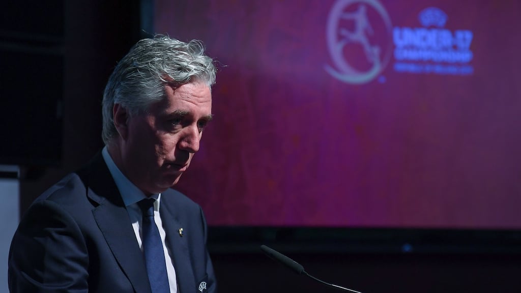John Delaney, chairman of the Uefa Youth and Amateur Football Committee, during the Under-17 European Championships draw at the Aviva Stadium. Photograph: Stephen McCarthy/Sportsfile