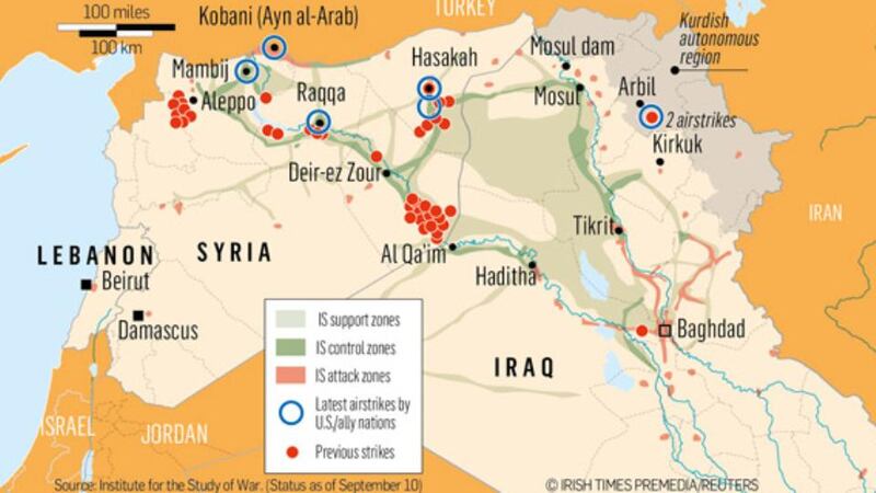 Map showing Islamic State controlled areas and where the US and ally strikes are taking place. Source: Irish Times Premedia/Reuters