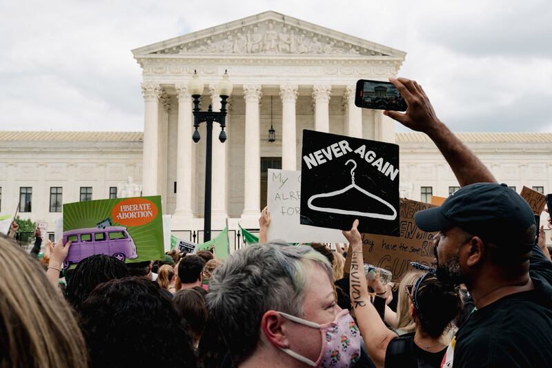 Supporters of abortion rights demonstrate outside the US supreme court in Washington on June 24th, 2022, after the justices overturned Roe v Wade. Photograph: Shuran Huang/New York Times