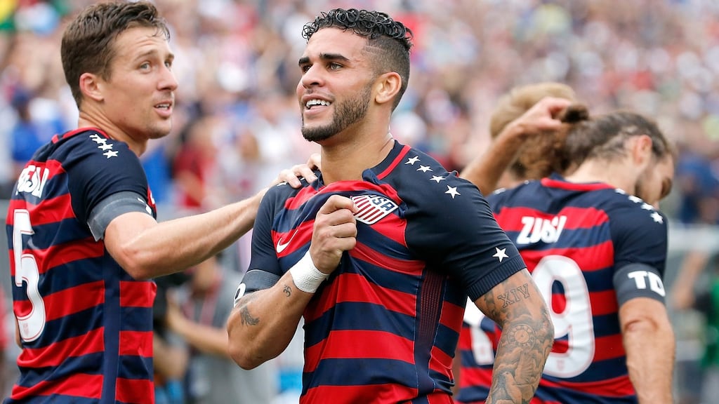 Dom Dwyer celebrates scores on his debut for the US against Ghana on July 1st in East Hartford, Connecticut. Photograph: Jim Rogash/Getty Images