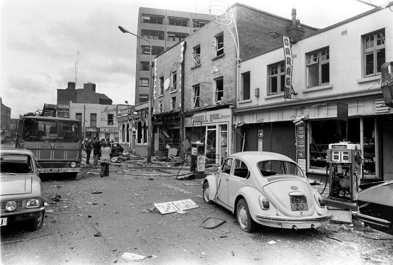 Bomb damage is surveyed on Parnell Street following the Dublin bombings in May 1974.
Photograph: Pat Langan