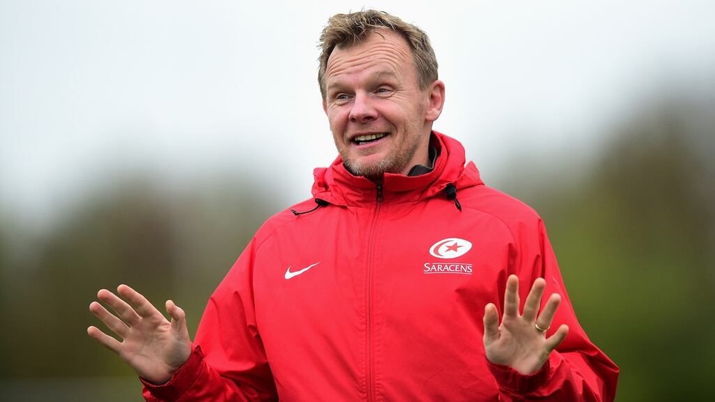 Hands on: Saracens director of rugby Mark McCall does not sit “up in his office, looking through the window. He has his track suit on and is very hands on,” according to Peter Stringer. Photograph: Dan Mullan/Getty Images