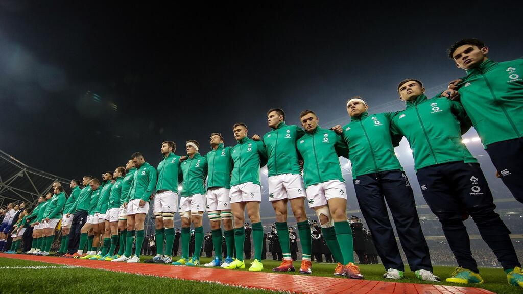 Ireland line up for the national anthem ahead of the Guinness Series clash with New Zealand. Photo: Billy Stickland/Inpho