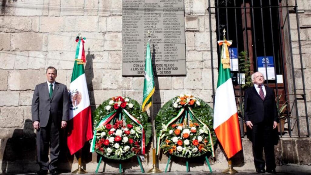 President Michael D Higgins (right) and Mexico’s foreign minister José Antonio Meade at a wreath-laying ceremony at a memorial to the Batallón de San Patricio  in Mexico City. Photograph:  Chris Bellew / Fennell Photography