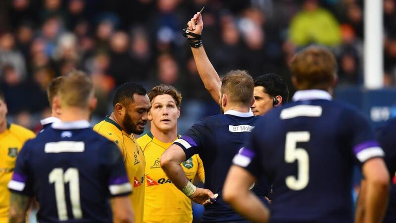 Sekope Kepu of Australia is shown a red card. Photograph: Dan Mullan/Getty Images