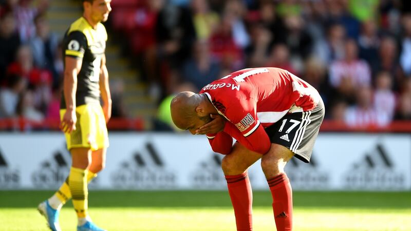 David McGoldrick of Sheffield United reacts during the defeat to Southampton. Photograph: Nathan Stirk/Getty Images