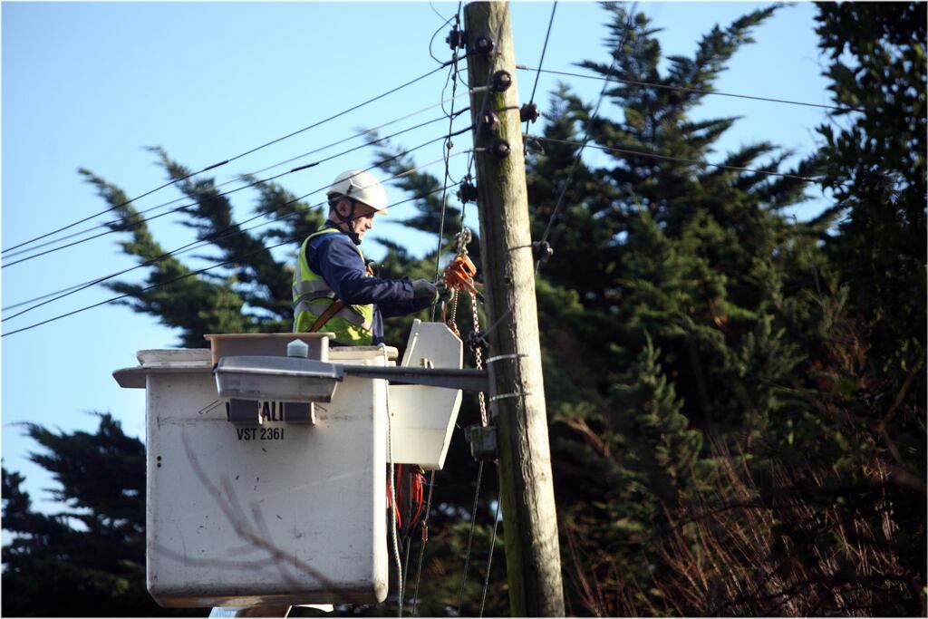 3/1/2012.   - NEWS -
ESB workers repair some lines damaged by a fallen tree during stormy weather, on Nashville Road, Howth, Co. Dublin on Tuesday.
Photographer: Dara Mac Dónaill / THE IRISH TIMES 
Photographer: Dara Mac Donaill / THE IRISH TIMES