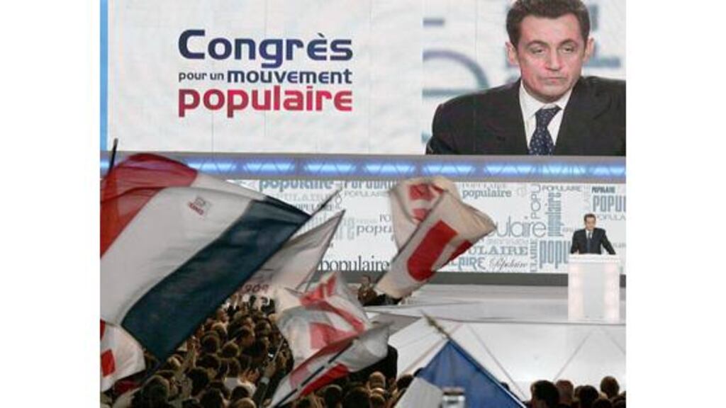 Mr Nicolas Sarkozy addresses the UMP party congress at Le Bourget, near Paris yesterday