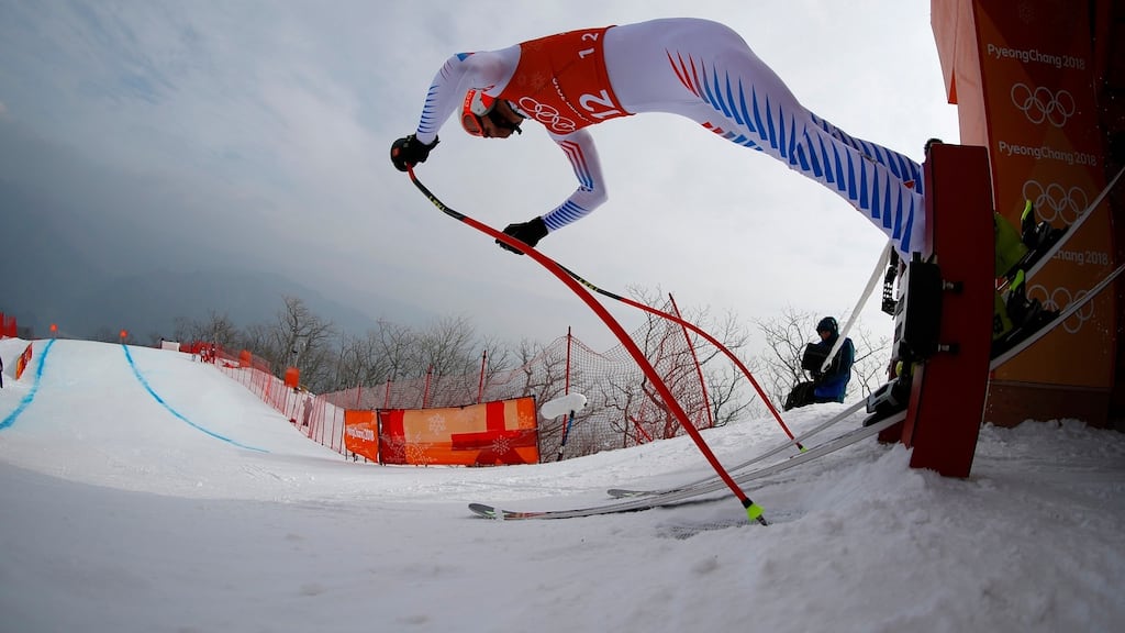 The USA’s Bryce Bennett training in Pyeongchang for the Men’s Downhill event at the 2018 Winter Olympics. Photograph: Leonhard Foeger/Reuters