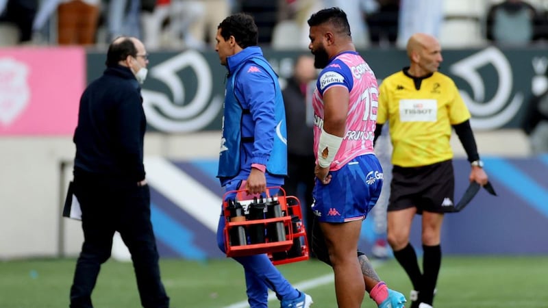 Stade Francais’ Tolu Latu leaves the field after being red carded in Paris. Photograph: James Crombie/Inpho