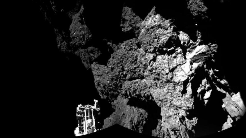Latest image of Philae lander safely on the surface of Comet 67P/Churyumov-Gerasimenko. Scientists res-established communiction with the space probe earlier today. Photograph: European Space Agency/PA