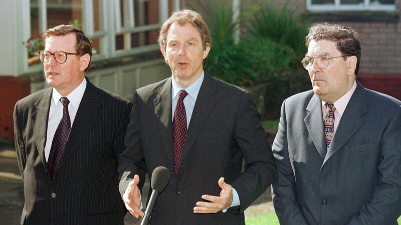 Tony Blair talks to the press after a meeting with David Trimble and John Hume on May 21st, 1998. Photograph: Gerry Penny/Getty