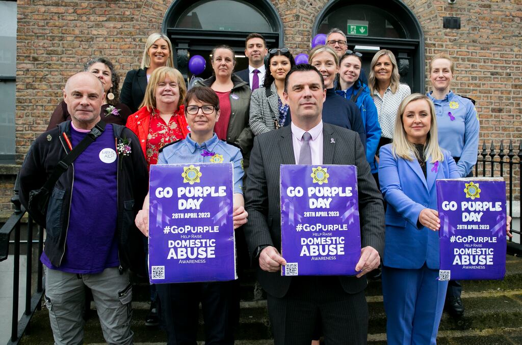 Detective Chief Superintendent Colm Noonan (centre) with other gardaí to launch 'Go Purple Day’ which raises awareness about domestic abuse support services. Photograph: Gareth Chaney/ Collins Photos
