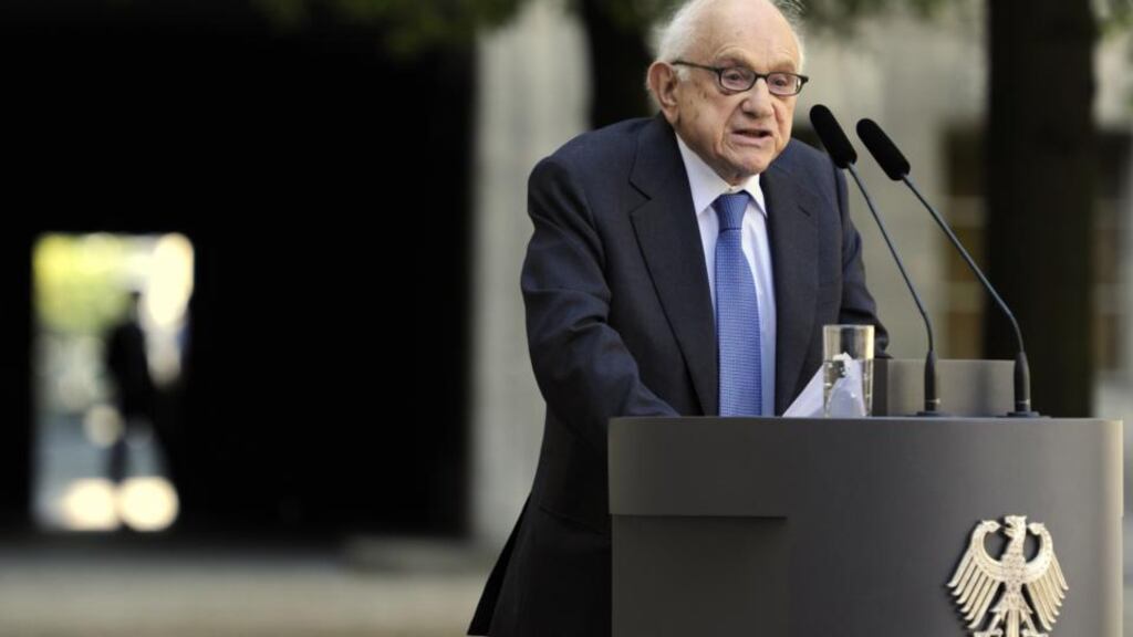 German-born US historian Fritz Stern speaks during a commemoration service for the 1944 attempt to assassinate Adolf Hitler by German officers