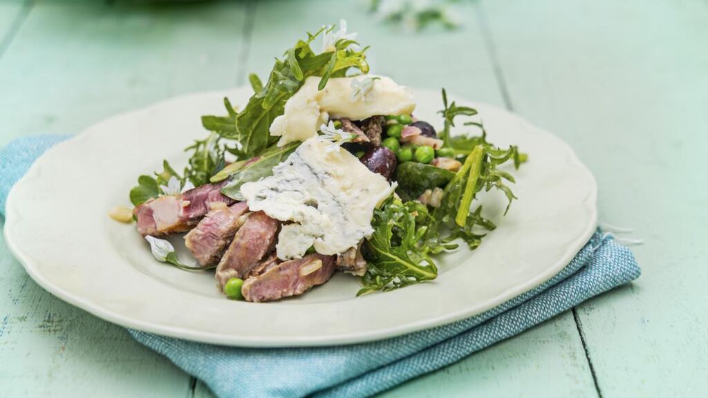 Warm steak salad with shallots, petit pois and Roquefort. Photographs: Harry Weir