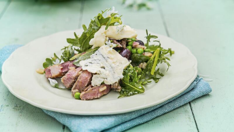Warm steak salad with shallots, petit pois and Roquefort. Photographs: Harry Weir