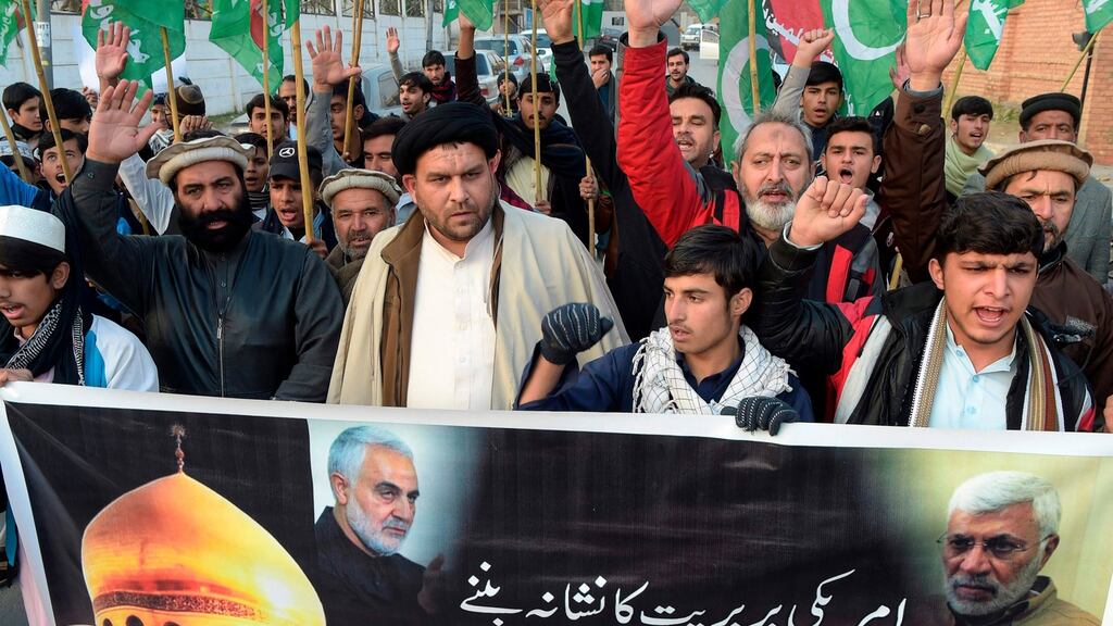 Protesters shout slogans against the US during a demonstration in Peshawar, Pakistan. Photograph: Abdul Majeed/AFP via Getty Images
