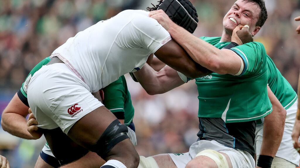 England’s Maro Itoje and James Ryan of Ireland grapple during their Guinness Six Nations Championship Round 3 match at Twickenham on Sunday. Photograph: Dan Sheridan/Inpho