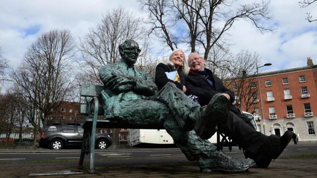 This year’s Dublin: One City One Book choice is If Ever You Go: a map of Dublin in poetry and song. At the launch along the Grand Canal beside the statue of Patrick Kavanagh were poets Paula Meehan and Brendan Kennelly. Photograph: Dara Mac Dónaill / The Irish Times