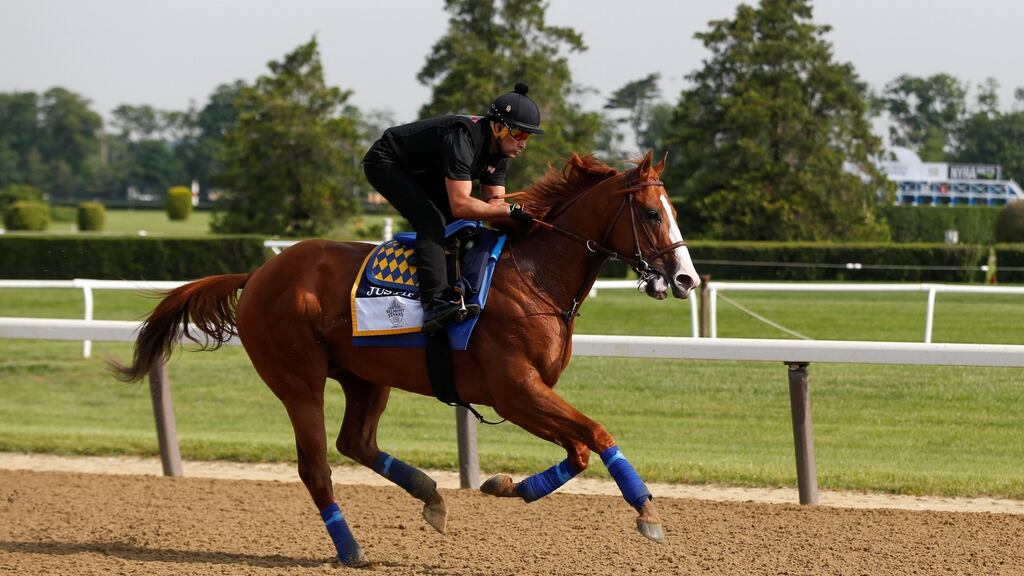 Triple Crown hopeful Justify trains on the track at Belmont Park racetrack. Photograph: Shannon Stapleton/Reuters