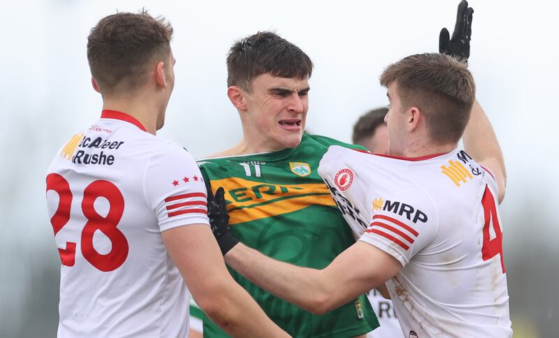 Tyrone’s Conn Kilpatrick and Cormac Quinn clash with Séan O'Shea of Kerry. Photograph: James Crombie/Inpho
