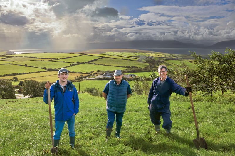 Tree Planting Alders on Dinny Galvin's farm: Richard Creagh, Meitheal na gCrann, Dinny Galvin, farmer and Dingle Hub, and Peader Ó Fionnáin, chair Corca Dhuibhne Community Forum. Photograph: Valerie O'Sullivan