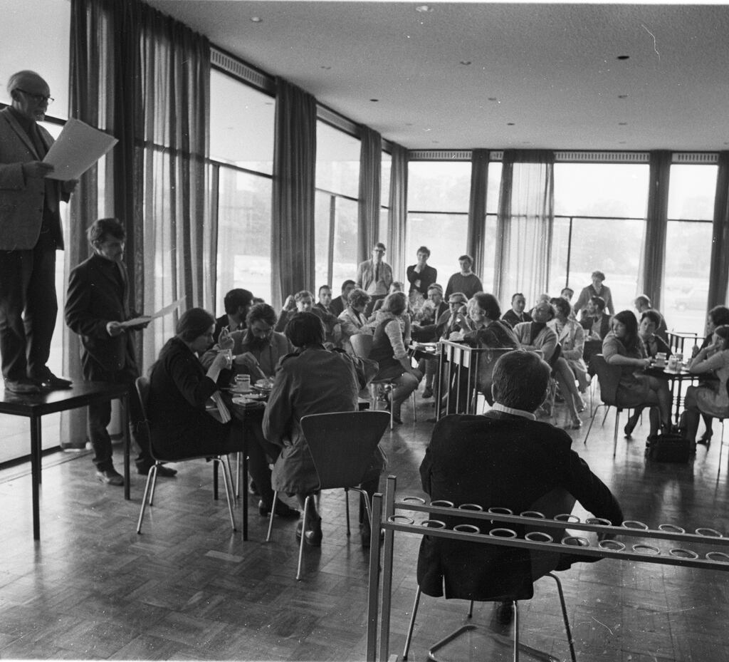 RTÉ canteen in 1969: Jack Dowling explains his shock resignation as a producer, along with Lelia Doolan and Bob Quinn. Sit Down and Be Counted, their 400-page critique of the broadcaster, prompted a national debate. Photograph: Gordon Standing