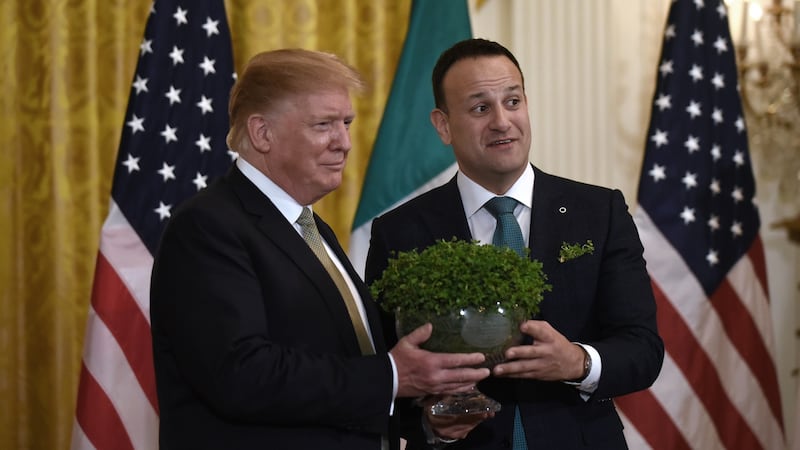 The Taoiseach, Leo Varadkar, presents the traditional St Patrick’s Day bowl of shamrock to US president Donald Trump at the White House on March 14th. Photograph: Olivier Douliery/Getty Images