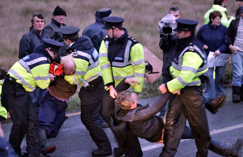 Gardai remove protesters taking part in the Shell To Sea demonstration, at Bellanaboy, near Belmullet, Co. Mayo, at the height of the controversy. Photograph: Eric Luke