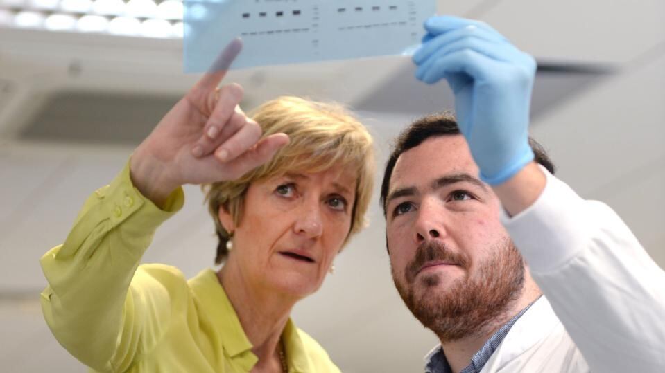 Dr Jacinta Kelly with postgraduate Colin Kenny looking at a western blot of childhood cancer proteins at the labs in the National Children’s Research Centre, Crumlin, Dublin. Photograph: Brenda Fitzsimons