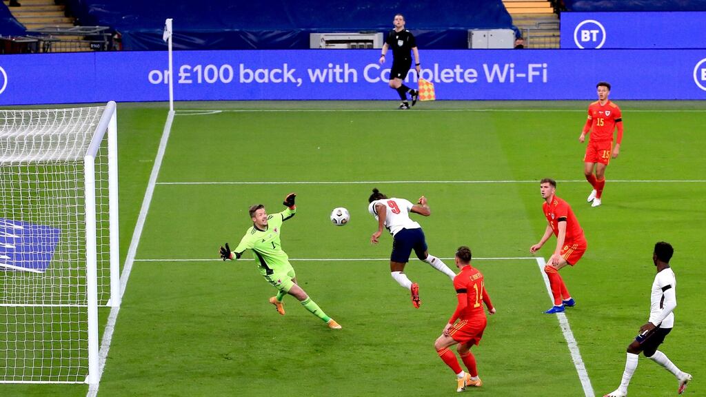 Wales goalkeeper Wayne Hennessey fails to stop England’s Dominic Calvert-Lewin from scoring his side’s first goal during the international friendly match at Wembley Stadium. Photograph: Nick Potts/PA Wire
