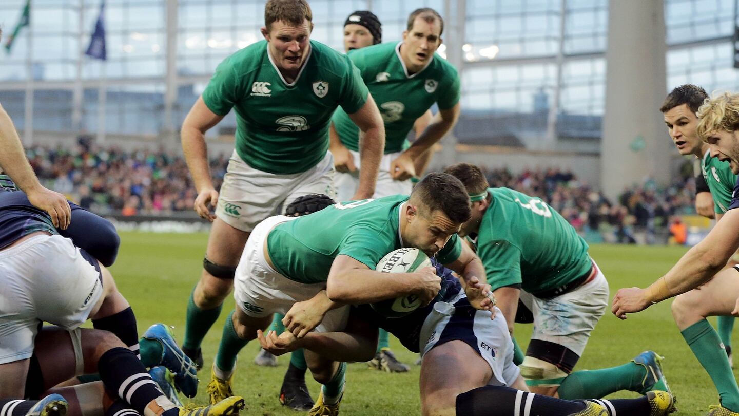 Conor Murray scores his third try of the Championship against Scotland. Photograph: Morgan Treacy/Getty Images
