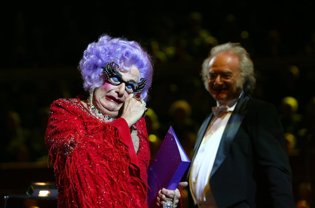Barry Humphries as Dame Edna Everage performing at the Last Night of the BBC Poms at the Royal Albert Hall. Photograph: Johnny Green/PA