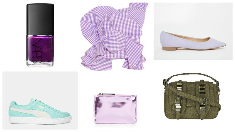 Nars Purple Rain €19 at Brown Thomas; Johanna Ortiz ruffle top, €840 at net-a-porter; Asos ballet flats, €16.90; Puma trainers, €73; New Look
purse, €6.99; Nine by Savannah Miller bag, €73.40
at Debenhams