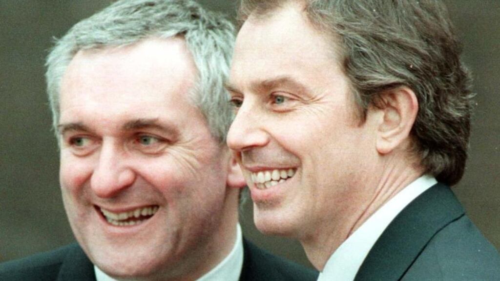 Bertie Ahern and Tony Blair are all smiles after the Belfast Agreement is signed on April 10th 1998. Photograph: John Giles/PA