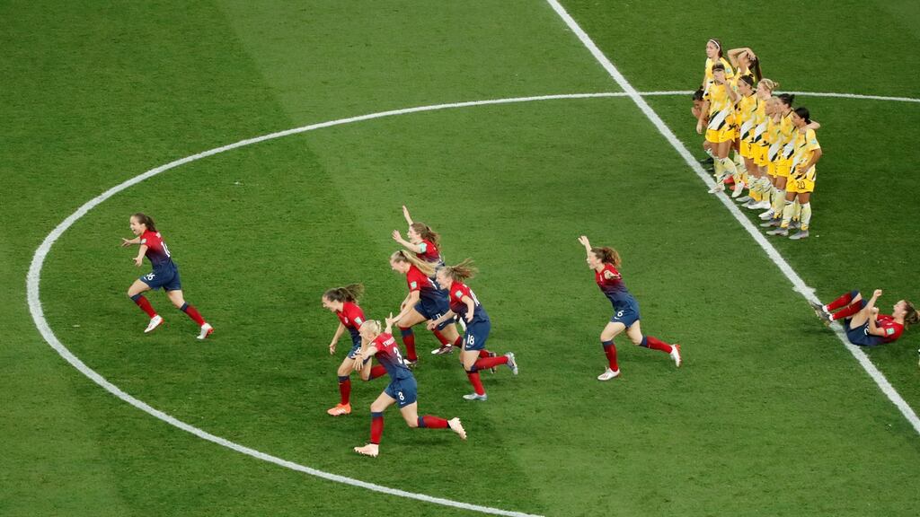 Norway celebrate after beating Australia on penalties in Nice. Photograph: Jean-Paul Pelissier/Reuters